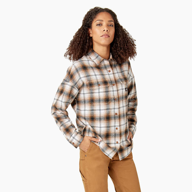 Women's Long Sleeve Flannel Shirt - Brown Duck/Black Ombre Plaid (WPB) image number 4
