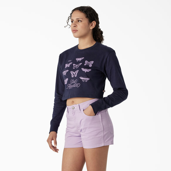 Women&#39;s Long Sleeve Butterfly Graphic Cropped T-Shirt - Ink Navy &#40;IK&#41;