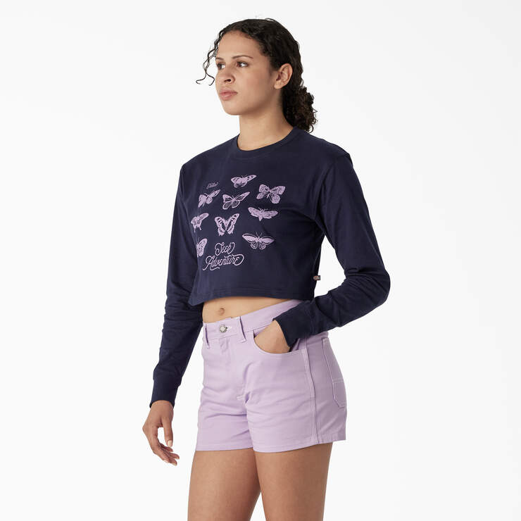 Women's Butterfly Graphic Long Sleeve Cropped T-Shirt - Ink Navy (IK) image number 3
