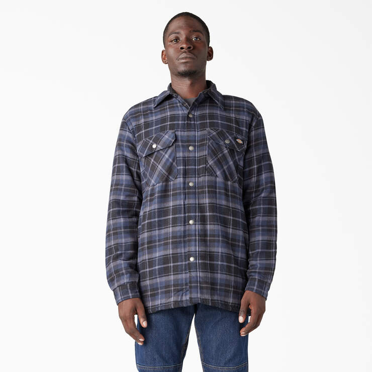 Water Repellent Fleece-Lined Flannel Shirt Jacket - Navy/Black Plaid (B2D) image number 1