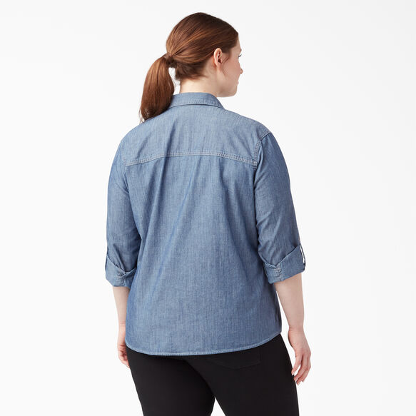 Women&rsquo;s Plus Long Sleeve Chambray Roll-Tab Work Shirt - Stonewashed Light Blue &#40;LSW&#41;