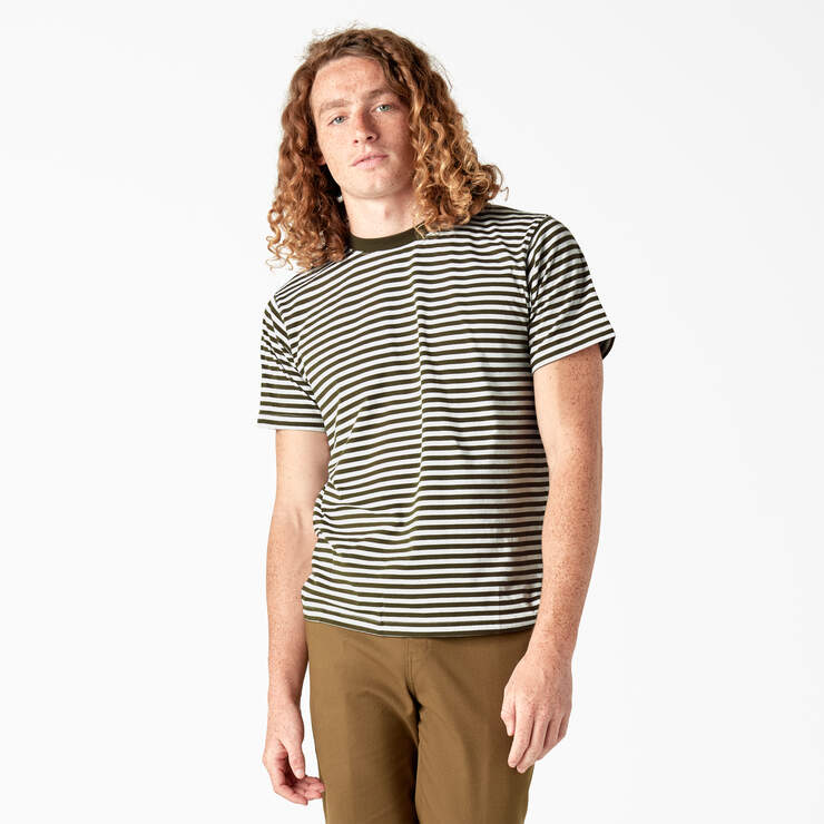 Dickies Skateboarding Striped T-Shirt - Dark Olive/White Stripe (STQ) image number 1