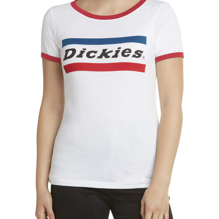 Dickies Girl Juniors' Chest Striped Short Sleeve Ringer T-Shirt - White (WHT) image number 1
