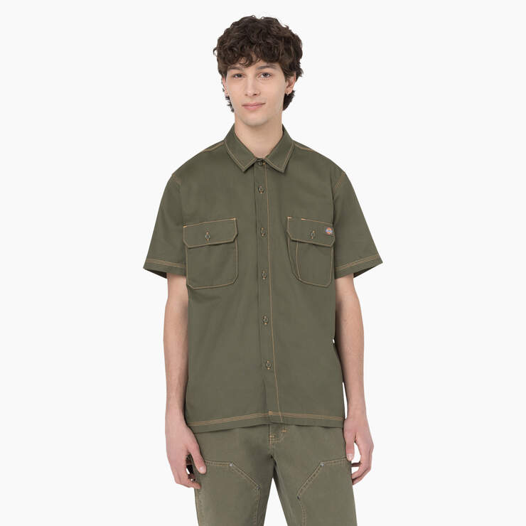 Madras Short Sleeve Work Shirt - Military Green w/Nugget Stitch (MGN) image number 1