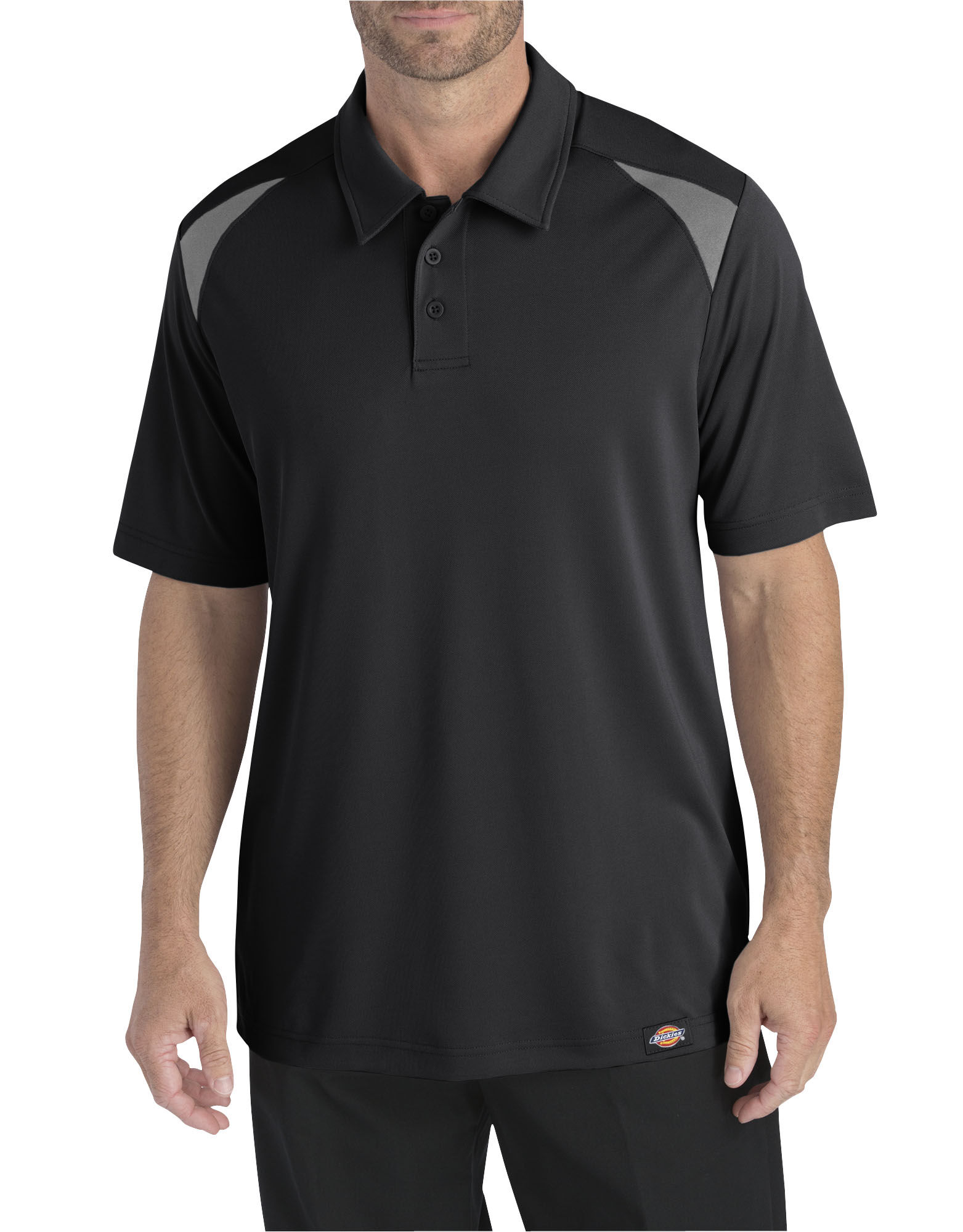 gray polo black pants