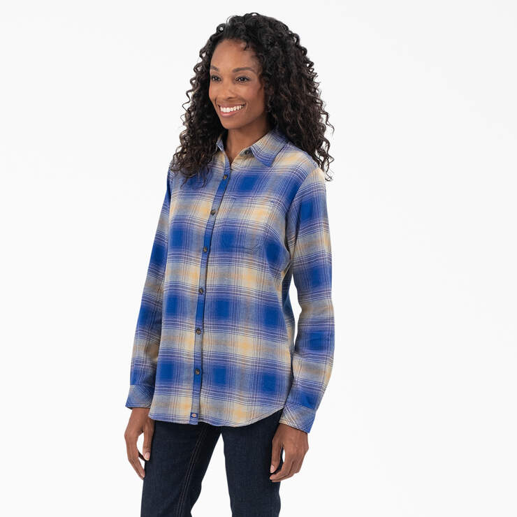 Women's Plaid Flannel Long Sleeve Shirt - Surf Blue/Fireside Ombre Plaid (C1J) image number 3
