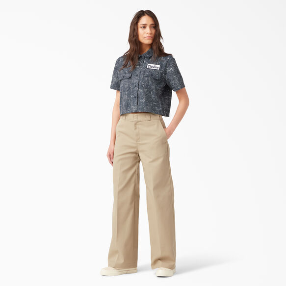 Women&#39;s Short Sleeve Cropped Work Shirt - Rinsed Navy Crosshatch &#40;R2A&#41;