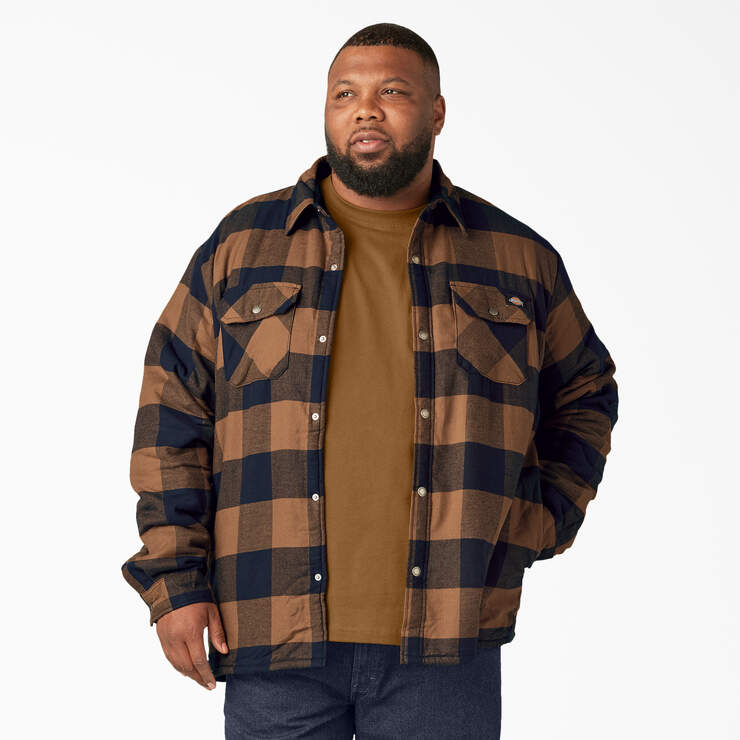 Water Repellent Fleece-Lined Flannel Shirt Jacket - Brown Duck/Navy Buffalo Plaid (B1M) image number 4