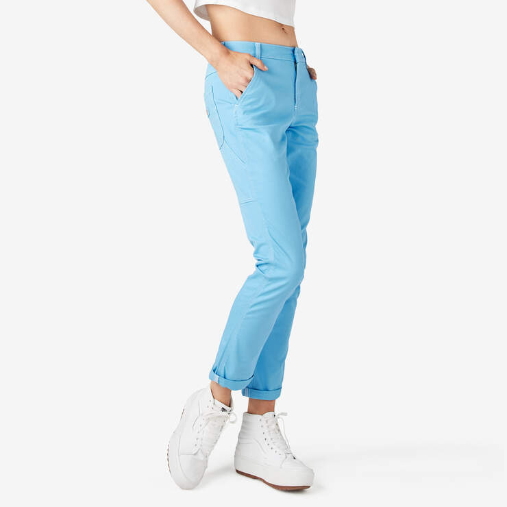 Women's Slim Straight Fit Roll Hem Carpenter Pants - Azure Blue (AB2) image number 4