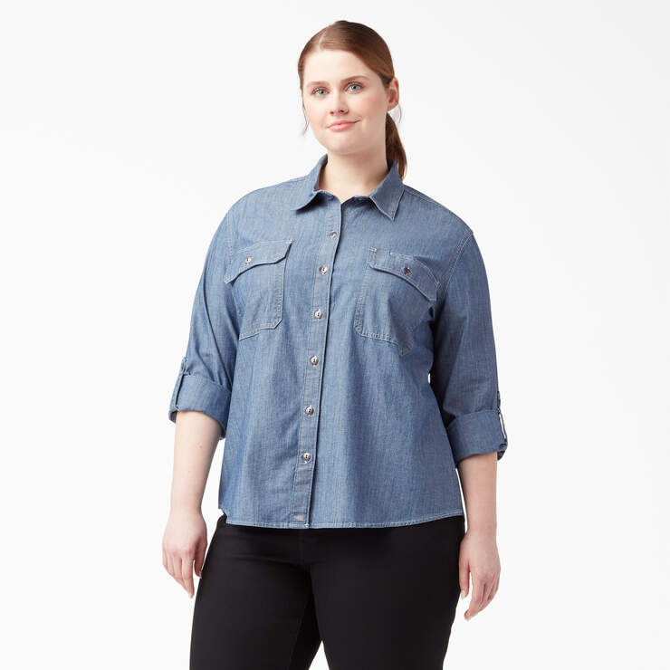Women’s Plus Chambray Roll-Tab Work Shirt - Stonewashed Light Blue (LSW) image number 1