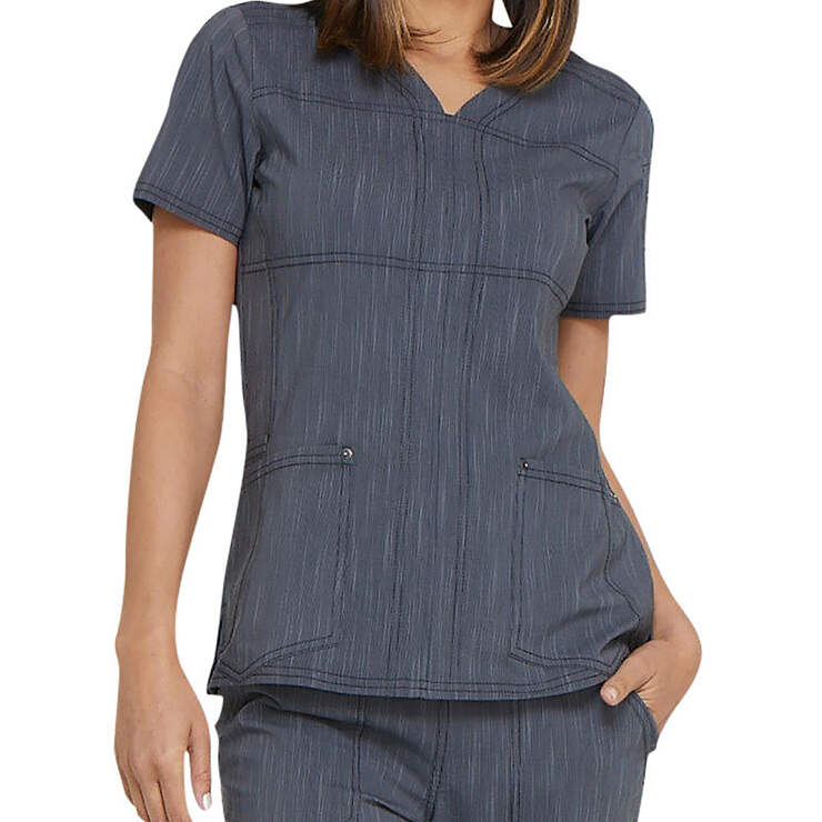 Women's Advance Two-Tone Twist V-Neck Scrub Top with Zipper Pocket - Pewter Gray (PEW) image number 1