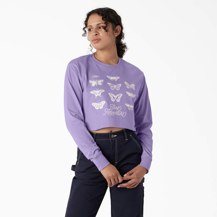 Women's Butterfly Graphic Long Sleeve Cropped T-Shirt - Purple Rose (UR2) image number 1