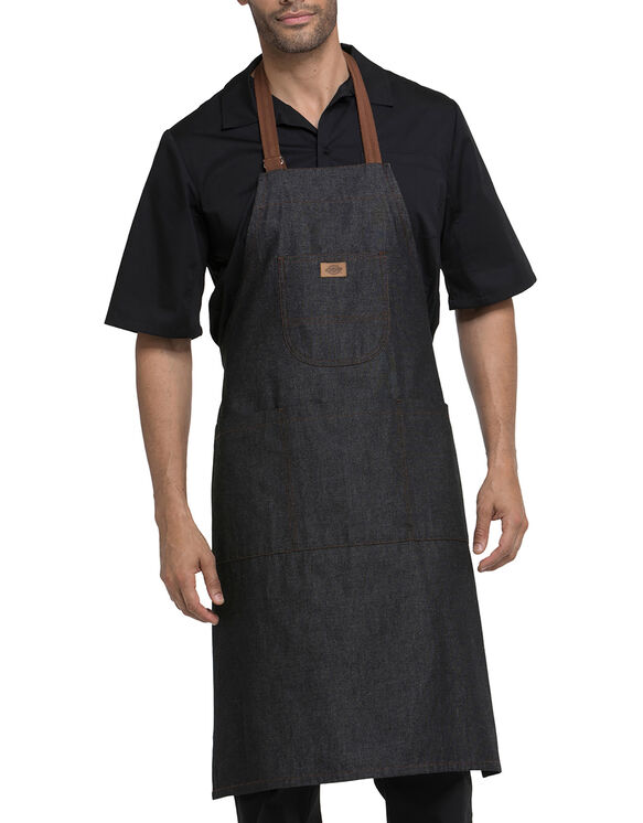 Unisex Bib Apron with Brown Straps - OVERDYED BLACK DENIM (OBK)