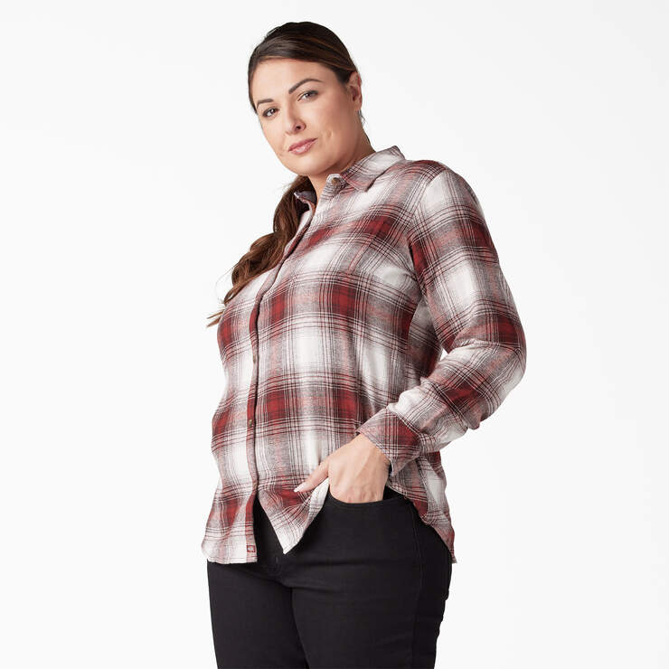 Women's Plus Long Sleeve Plaid Flannel Shirt - Fired Brick Ombre Plaid (C1X) image number 3