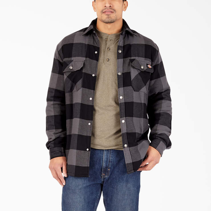 Water Repellent Fleece-Lined Flannel Shirt Jacket - Black Dark Slate Buffalo Plaid (TP1) image number 1