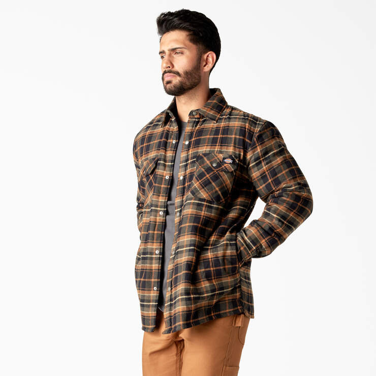 Water Repellent Fleece-Lined Flannel Shirt Jacket - Moss/Black Plaid (B1B) image number 3