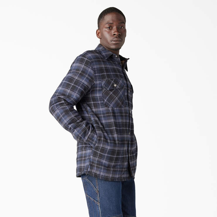 Water Repellent Fleece-Lined Flannel Shirt Jacket - Navy/Black Plaid (B2D) image number 4