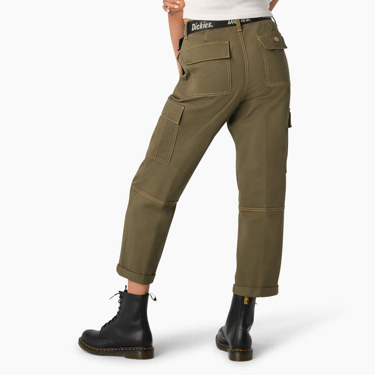Women's Relaxed Fit Contrast Stitch Cropped Cargo Pants - Military Green (ML) image number 2