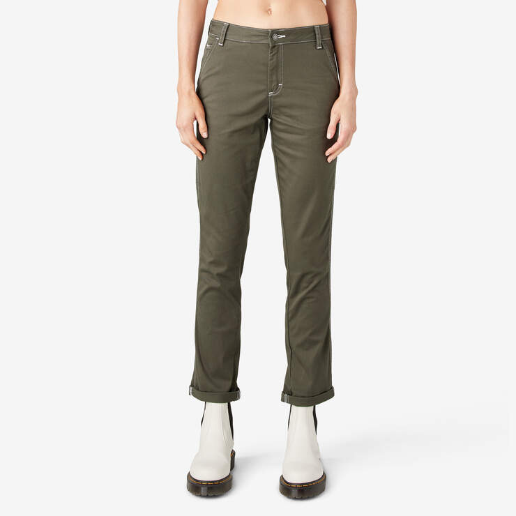 Women's Slim Straight Fit Roll Hem Carpenter Pants - Olive Green (OG) image number 1