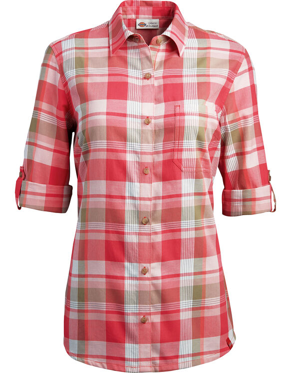 Womens' Quarter Sleeve Roll-up Plaid Shirt (Plus) - Red Black Plaid (QHP)