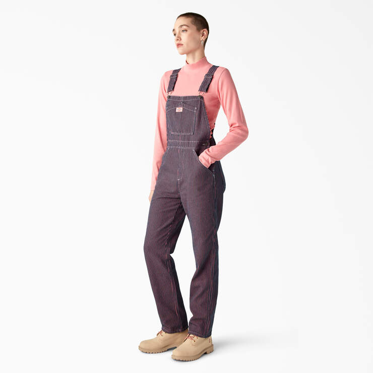 Women’s Regular Fit Hickory Stripe Bib Overalls - Pink/Navy Hickory Stripe (KRS) image number 3