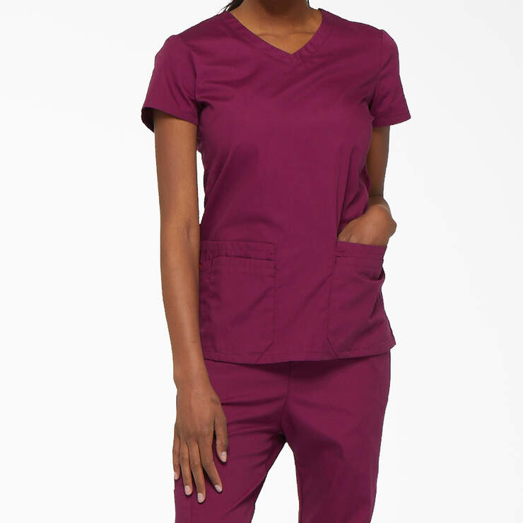 Women's EDS Signature V-Neck Scrub Top with Pen Slot - Wine (WIN) image number 1