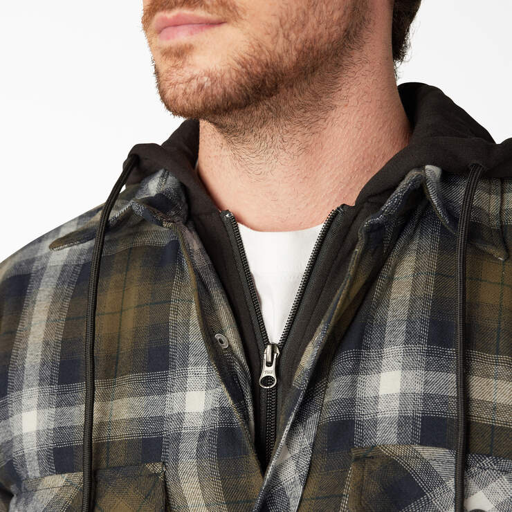 Water Repellent Flannel Hooded Shirt Jacket - Dark Olive/Black Plaid (A2A) image number 5