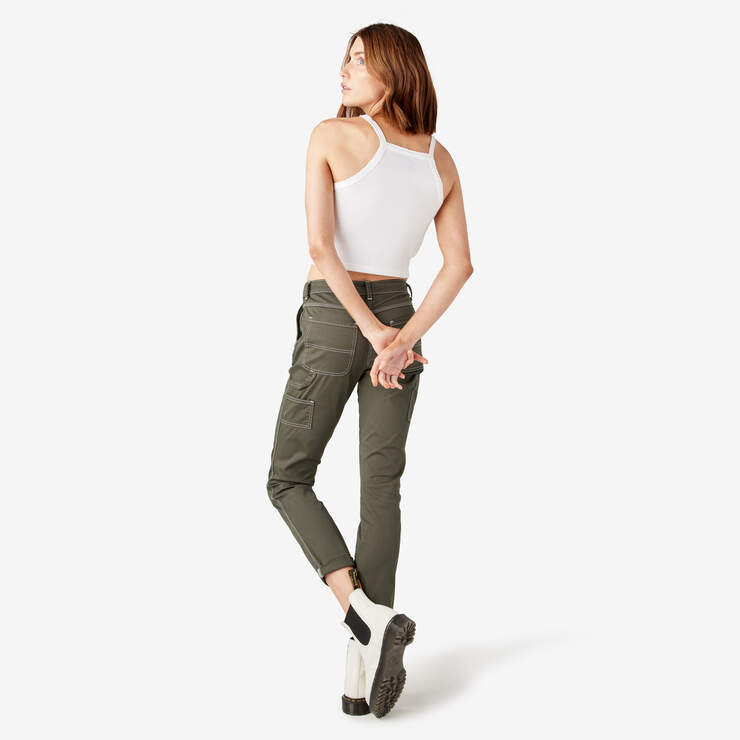 Women's Slim Straight Fit Roll Hem Carpenter Pants - Olive Green (OG) image number 6