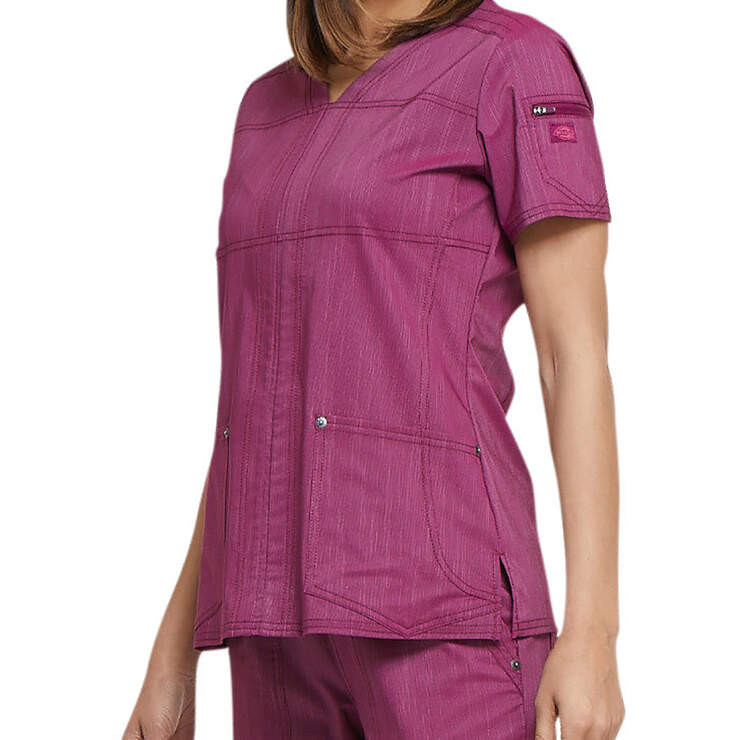 Women's Advance Two-Tone Twist V-Neck Scrub Top with Zipper Pocket - Sangria Red (SGR) image number 3