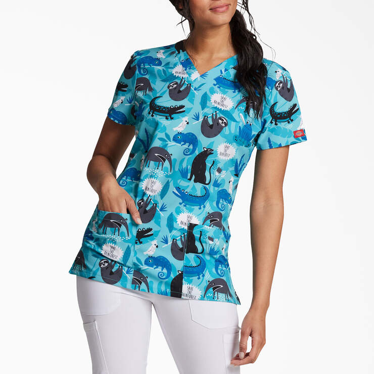 Women's EDS Print V-Neck Scrub Top - Save the Rainforest (S2T) image number 1