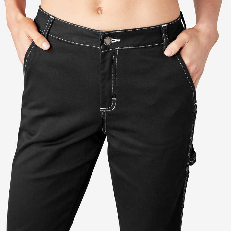 Women's Slim Straight Fit Roll Hem Carpenter Pants - Black (BKX) image number 7
