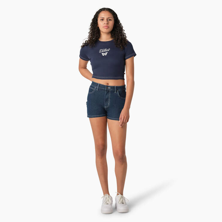Women's Butterfly Graphic Cropped Baby T-Shirt - Ink Navy (IK) image number 4