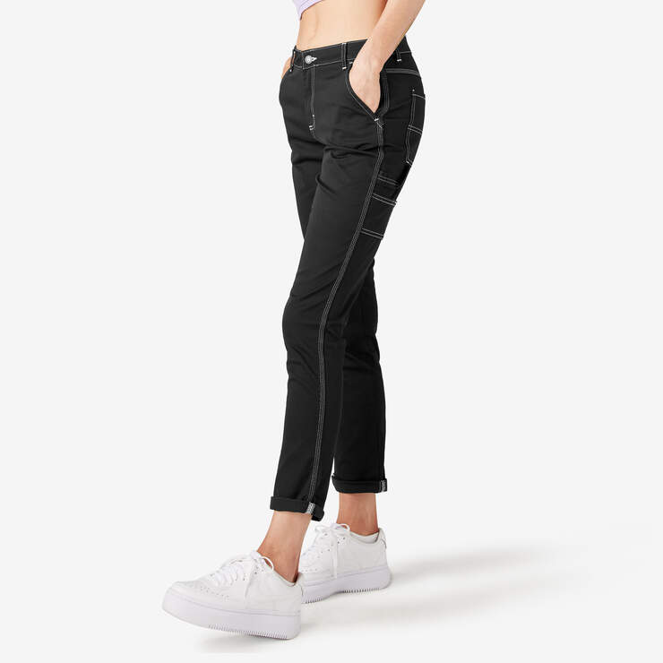 Women's Slim Straight Fit Roll Hem Carpenter Pants - Black (BKX) image number 3