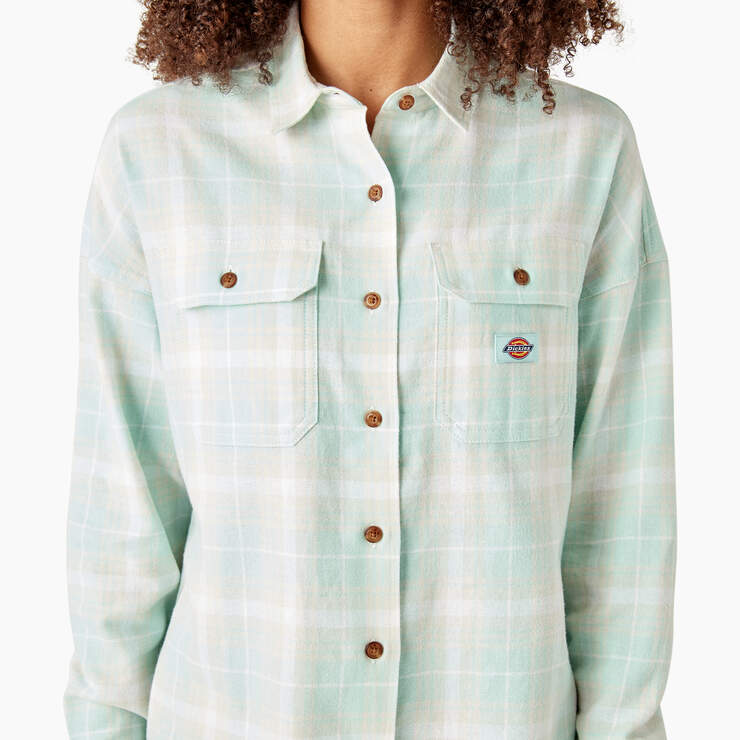Women's Long Sleeve Flannel Shirt - Soft Gray Turquoise Plaid (QPT) image number 8