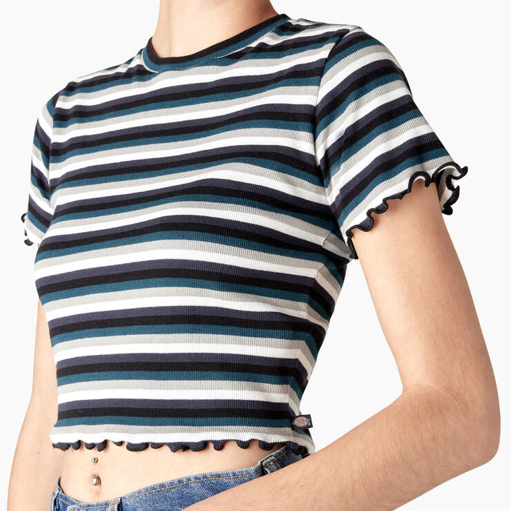 Women's Striped Cropped Baby T-Shirt - Black/Teal Explorer Stripe (BSE) image number 5