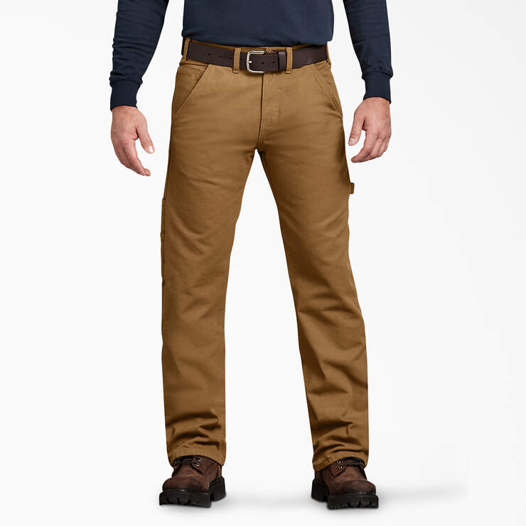 Relaxed Straight Fit Flannel-Lined Carpenter Duck Pants - Rinsed Brown Duck (RBD) image number 1