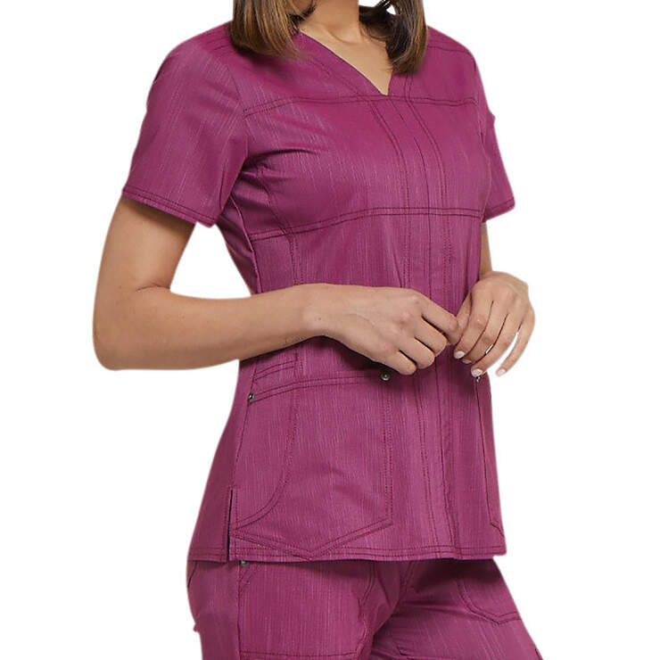 Women's Advance Two-Tone Twist V-Neck Scrub Top with Zipper Pocket - Sangria Red (SGR) image number 4