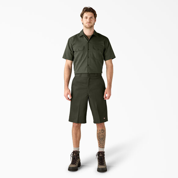 Loose Fit Flat Front Work Shorts, 13&quot; - Olive Green &#40;OG&#41;