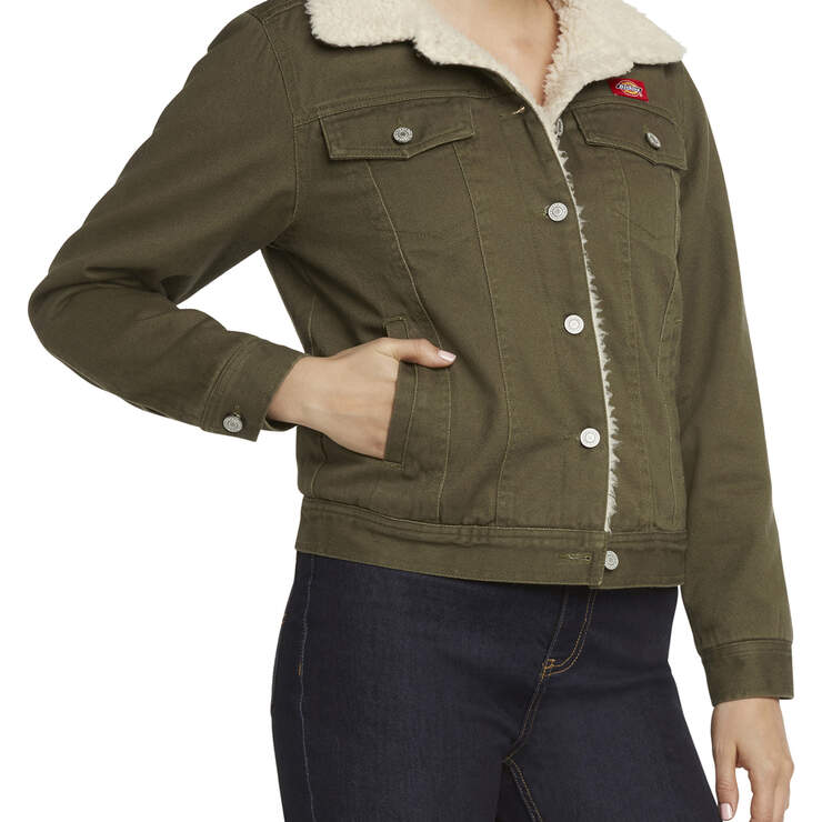 Dickies Girl Juniors' Sherpa Lined Denim Jacket - Olive Green (OLI) image number 3