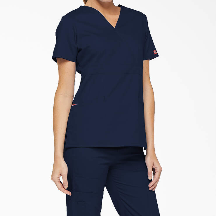 Women's EDS Signature Mock Wrap Scrub Top - Navy Blue (NVY) image number 4