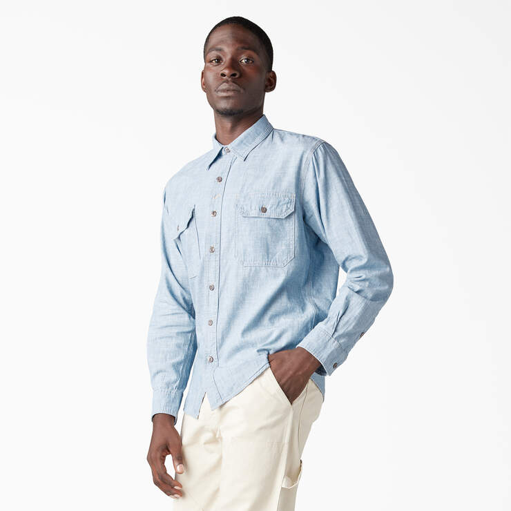 Dickies 1922 Long Sleeve Work Shirt - Bleach Blue Chambray (BBLC) image number 3