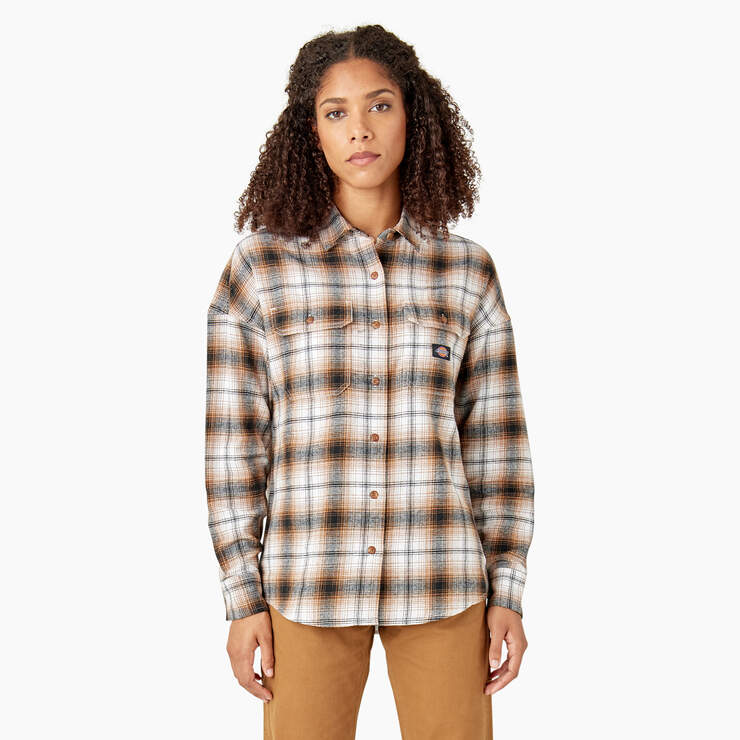 Women's Long Sleeve Flannel Shirt - Brown Duck/Black Ombre Plaid (WPB) image number 1