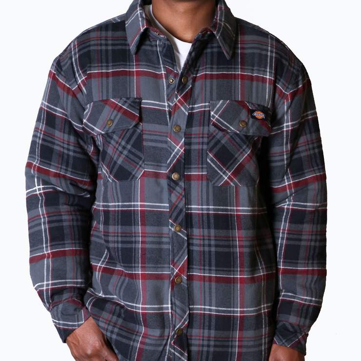Men's Long Sleeve Sherpa Lined Plaid Jacket - CHARCOAL/WINE (CHW) image number 1