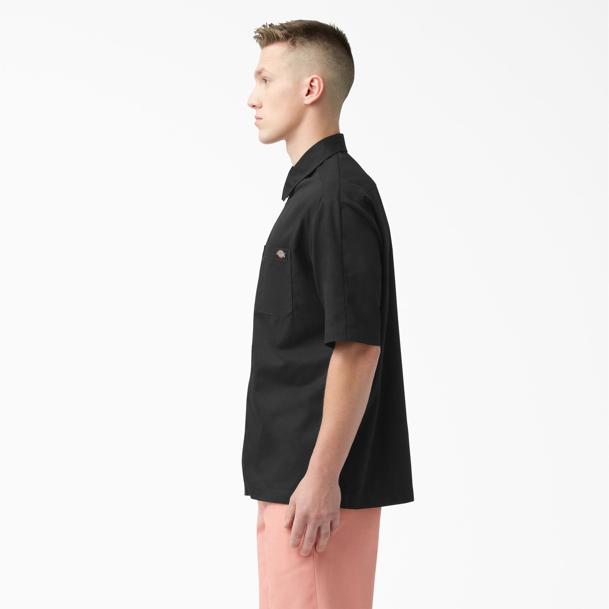 Mixed Media Zip Front Short Sleeve Work Shirt