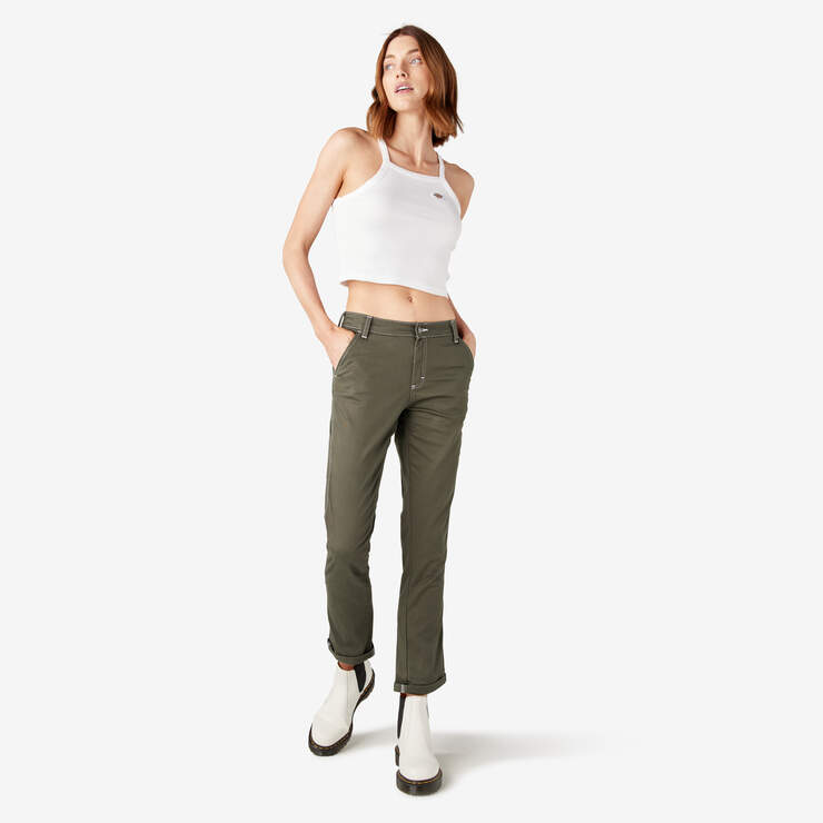 Women's Slim Straight Fit Roll Hem Carpenter Pants - Olive Green (OG) image number 5