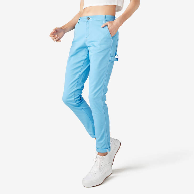 Women's Slim Straight Fit Roll Hem Carpenter Pants - Azure Blue (AB2) image number 3