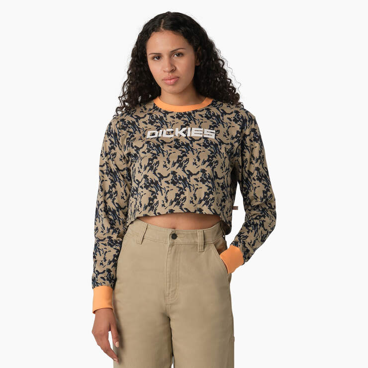 Women's Camo Long Sleeve Cropped T-Shirt - Desert Sand Glitch Camo (DHD) image number 1