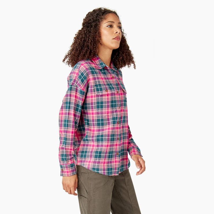 Women's Long Sleeve Flannel Shirt - Rosebud Dark Teal Plaid (UPT) image number 4