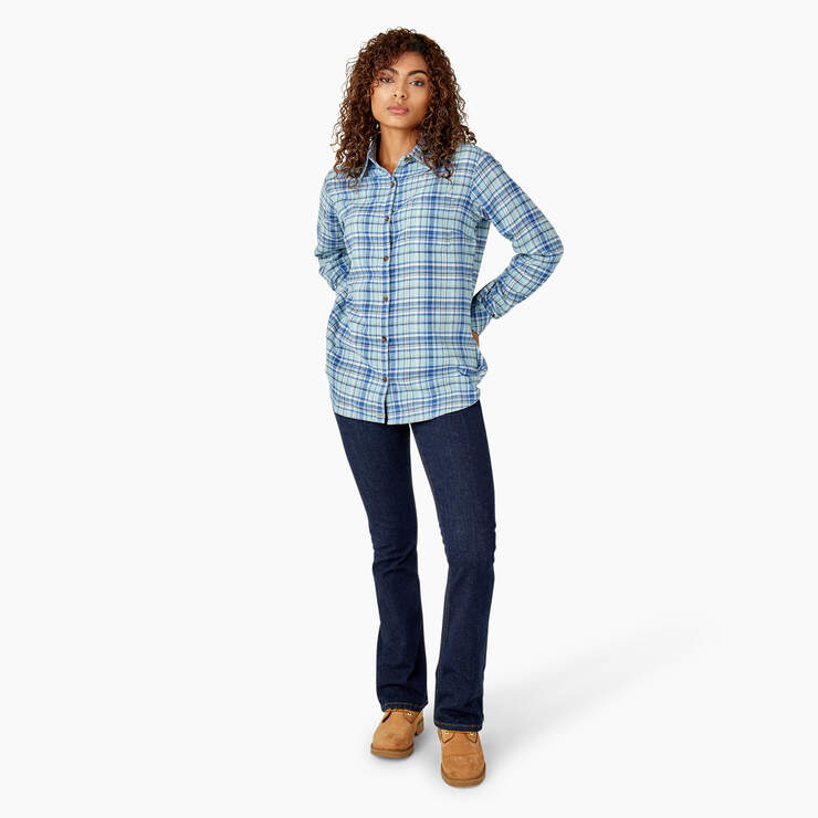 Women's Plaid Flannel Long Sleeve Shirt - Clear Blue/Orchard Plaid (B2Y) image number 5