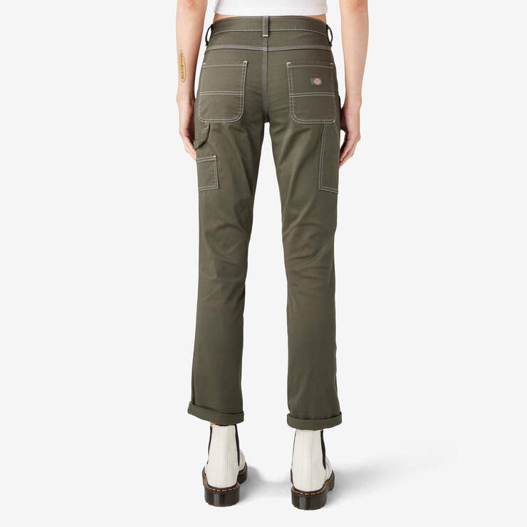 Women's Slim Straight Fit Roll Hem Carpenter Pants - Olive Green (OG) image number 2